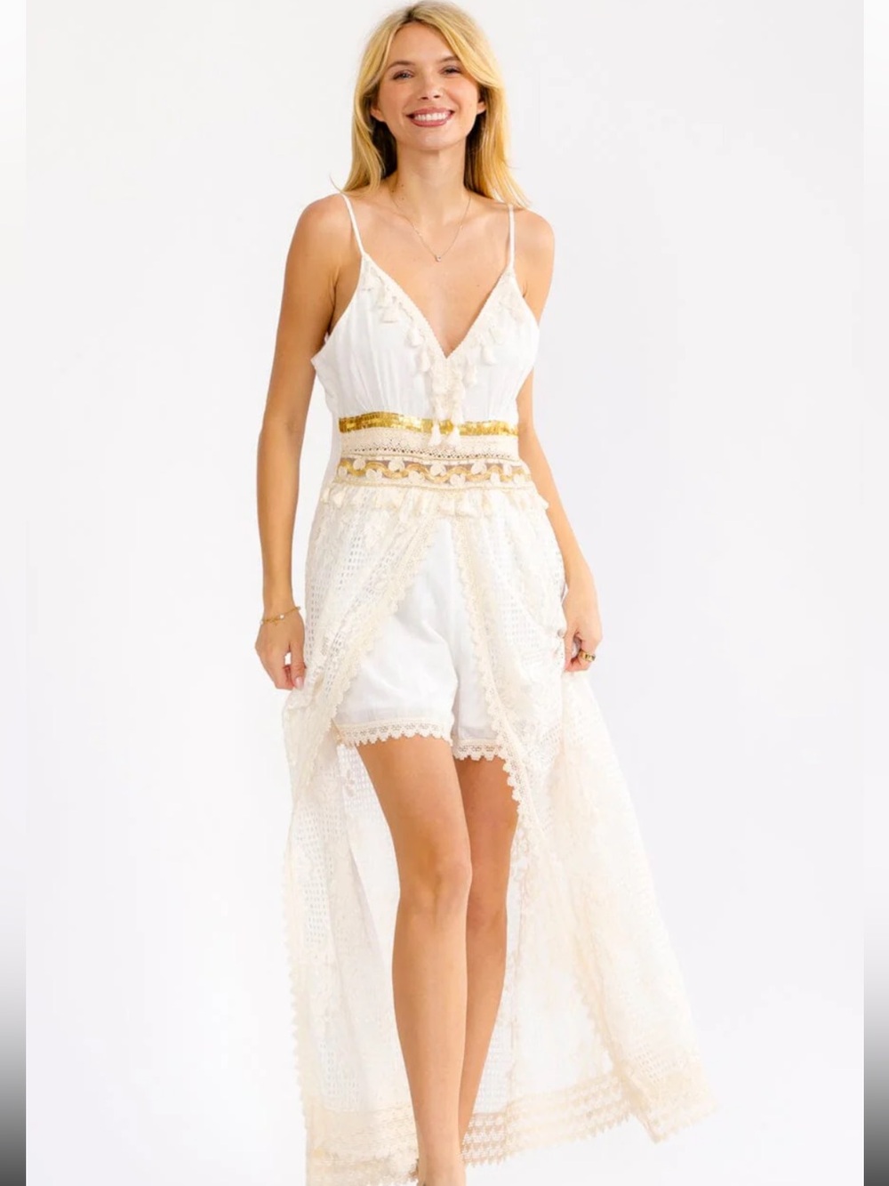 SD5- White Lace Overlay Maxi Romper Dress with Gold Waist Detail